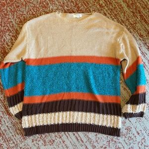 Umgee Women’s Color Block Crewneck Sweater - Cream, Teal, Orange, Brown